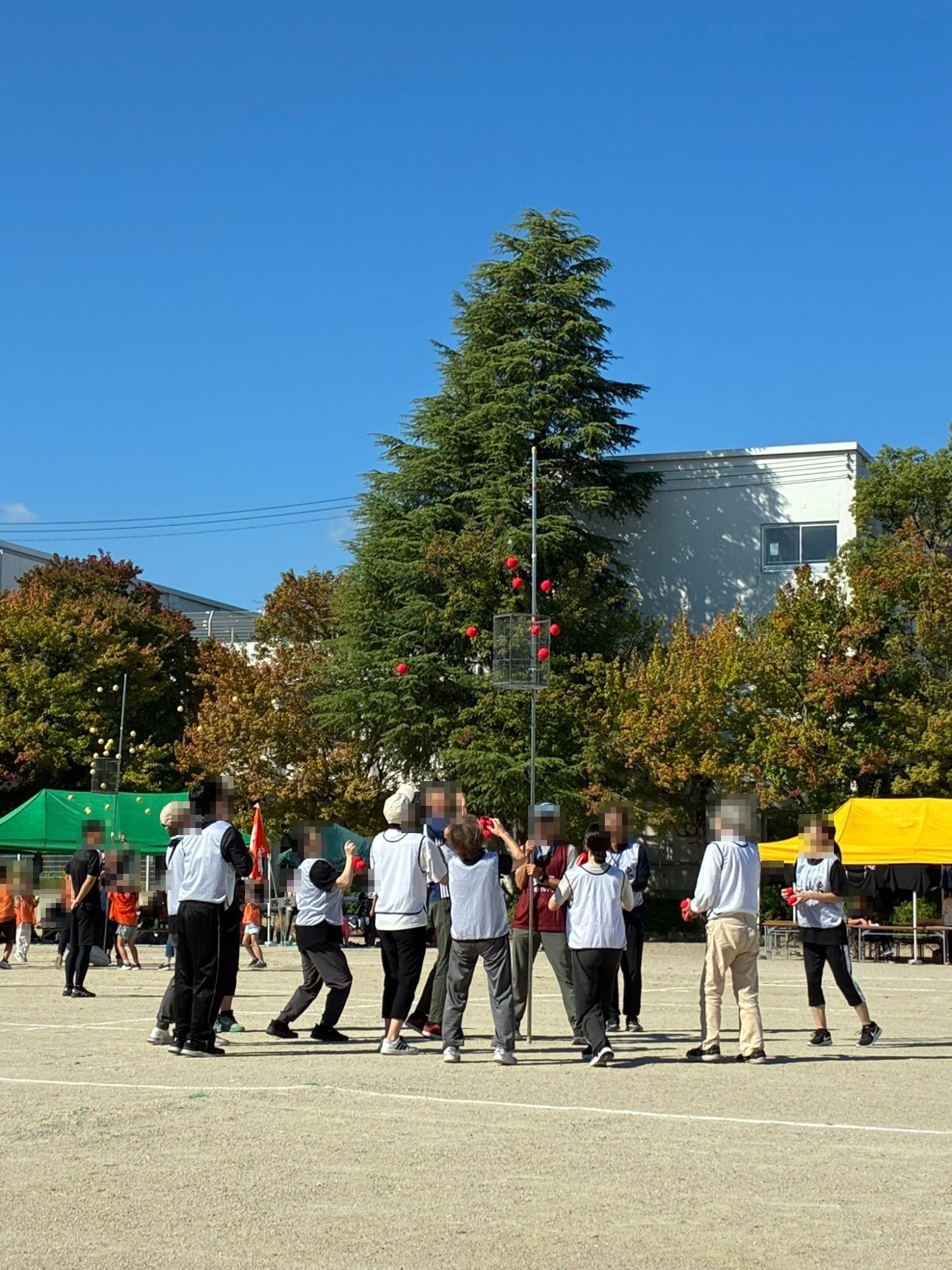 自治会の運動会で玉入れに挑戦する様子